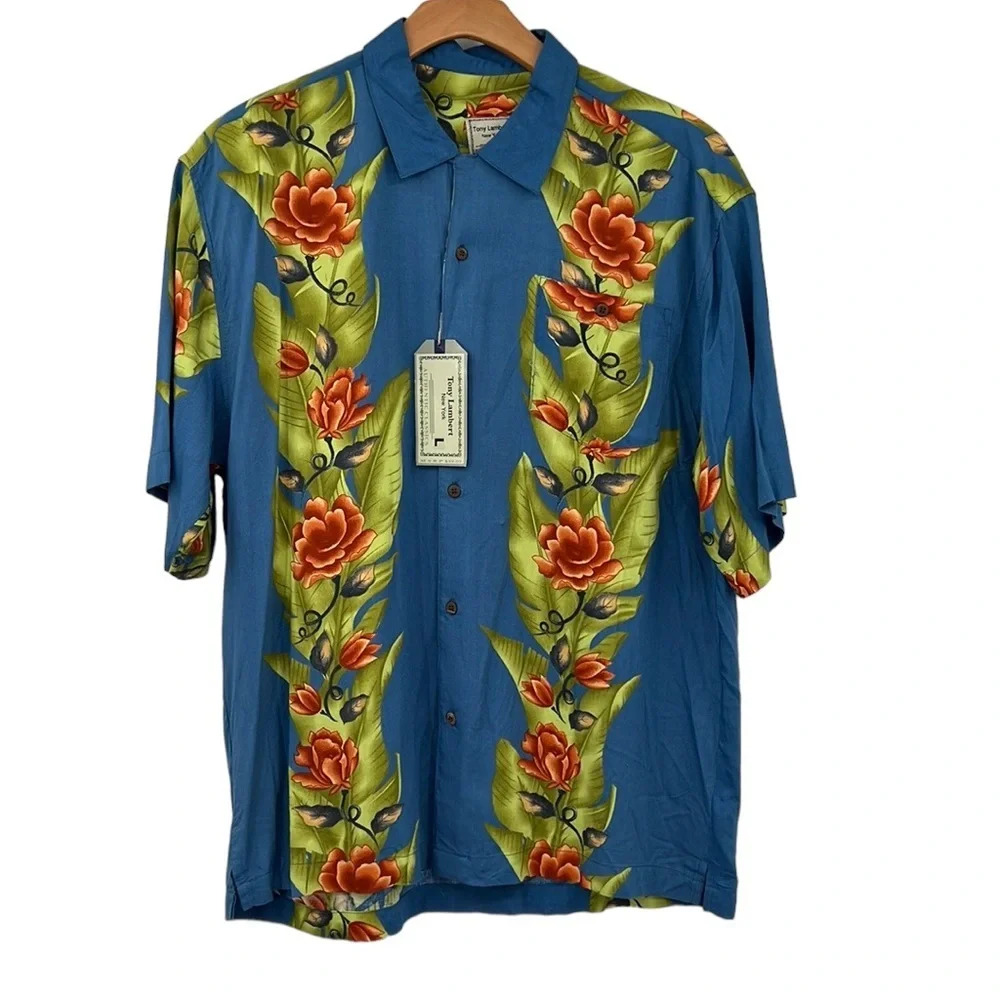 Tony Lambert Shirt‎ Mens Large Blue Green Floral Hawaiian Button Up Short Sleeve